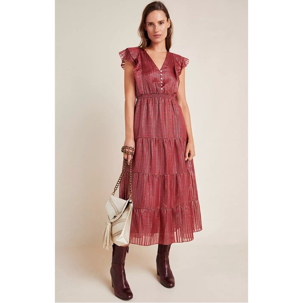 Anthropologie Red Tiered Midi Dress with Ruffled Sleeves